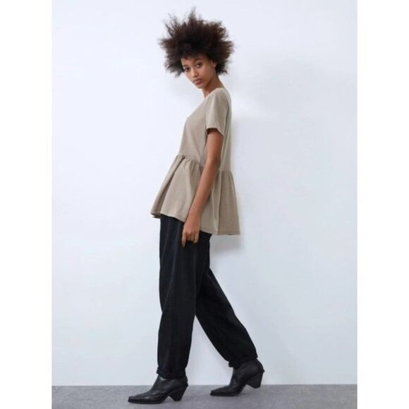 Zara Peplum Short Sleeve Top Khaki Size  S - Picture 14 of 15